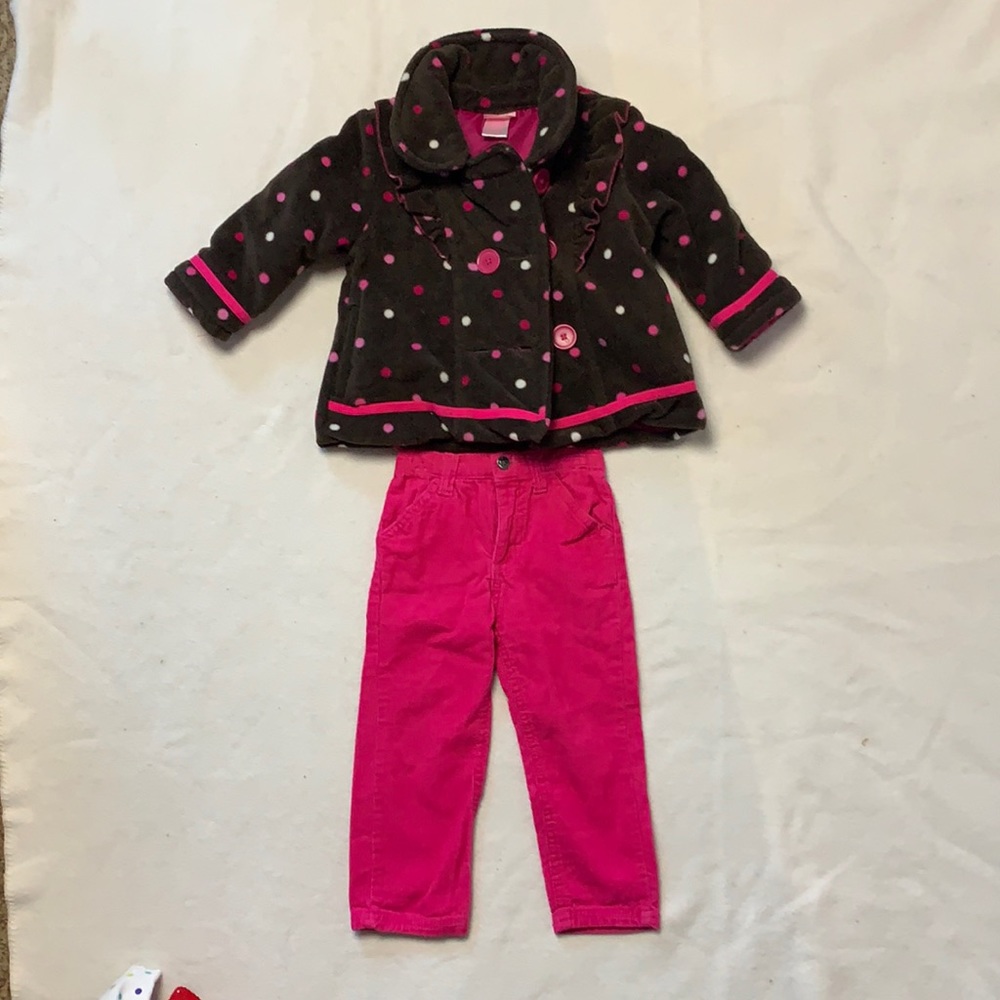 3 pc outfit. Long sleeve shirt with pink corduroy pants and a thick winter coat